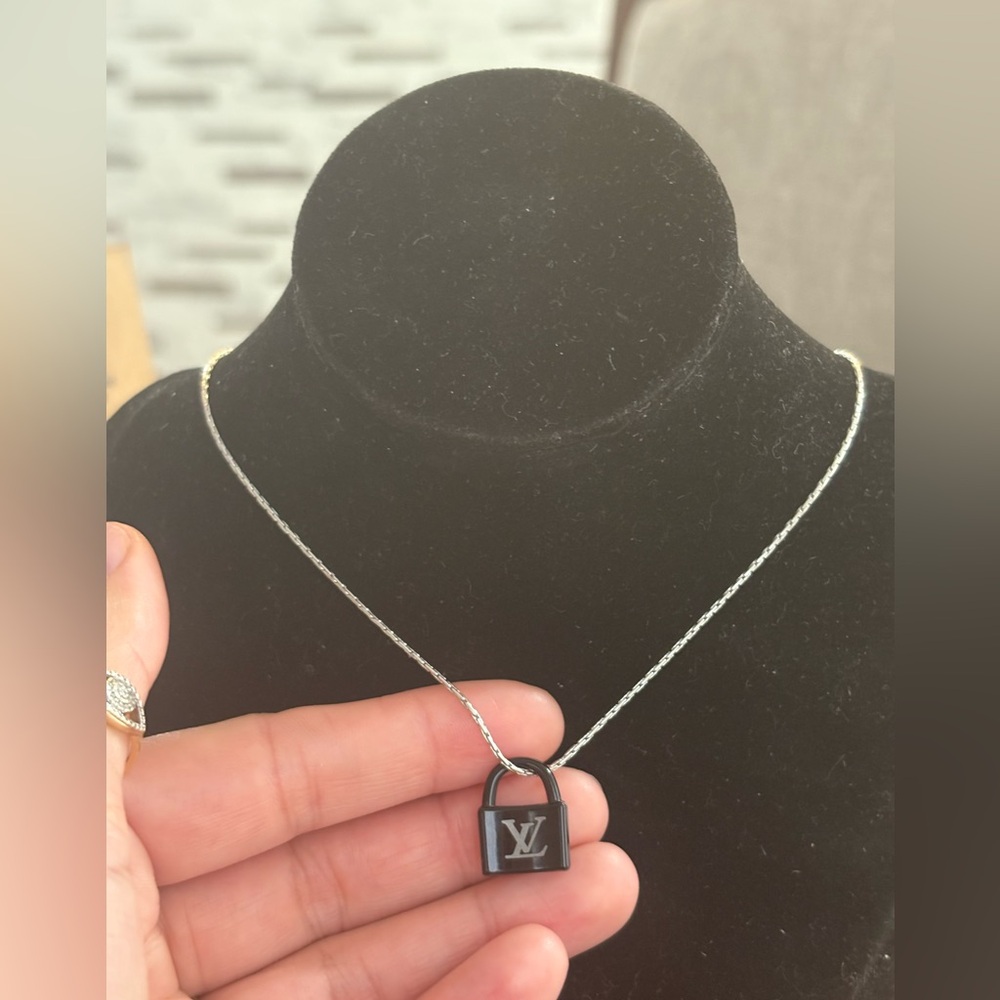 Louis Vuitton Silver Chain with Black LV Padlock Pendant